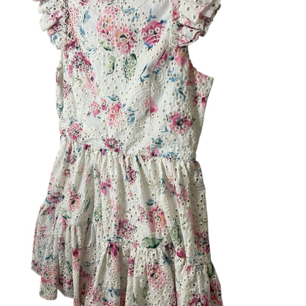 Aqua Eyelet Floral Tiered Mini Dress Ruffle Sleeves Demure Romantic SZ L EUC - Picture 5 of 10